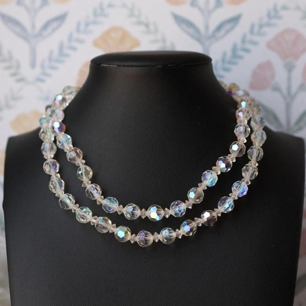 Vintage aurora borealis glass crystal two strand choker necklace